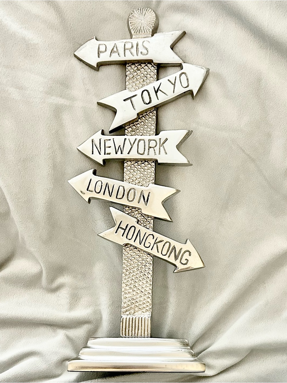 Unique tall silver world cities signpost tabletop accent decor made in India